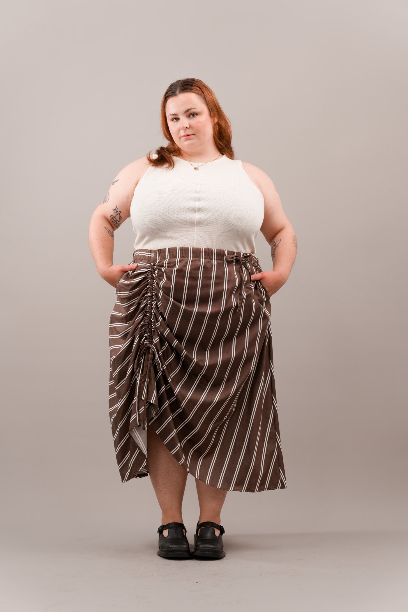 Ruched Skirt in Brown Stripe