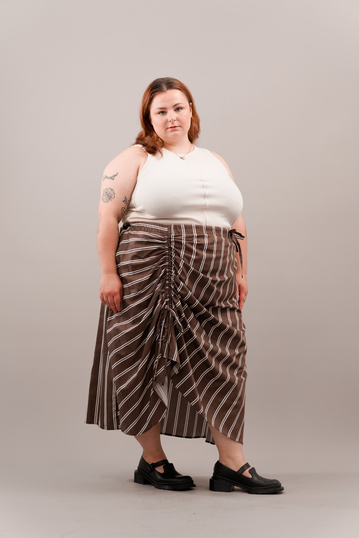 Ruched Skirt in Brown Stripe