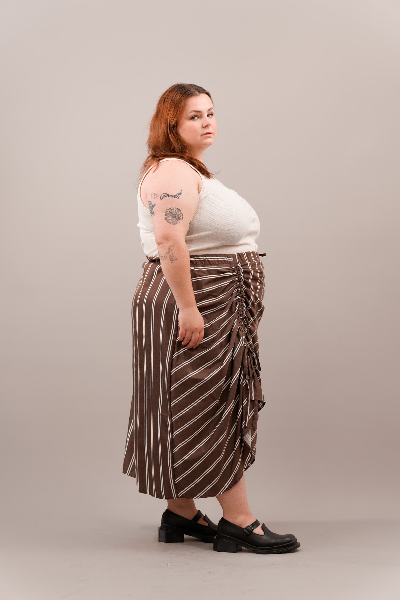 Ruched Skirt in Brown Stripe