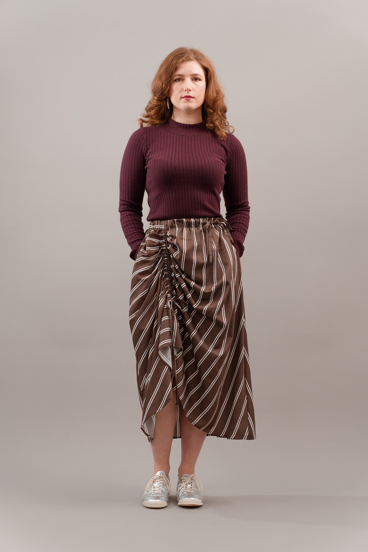 Ruched Skirt in Brown Stripe