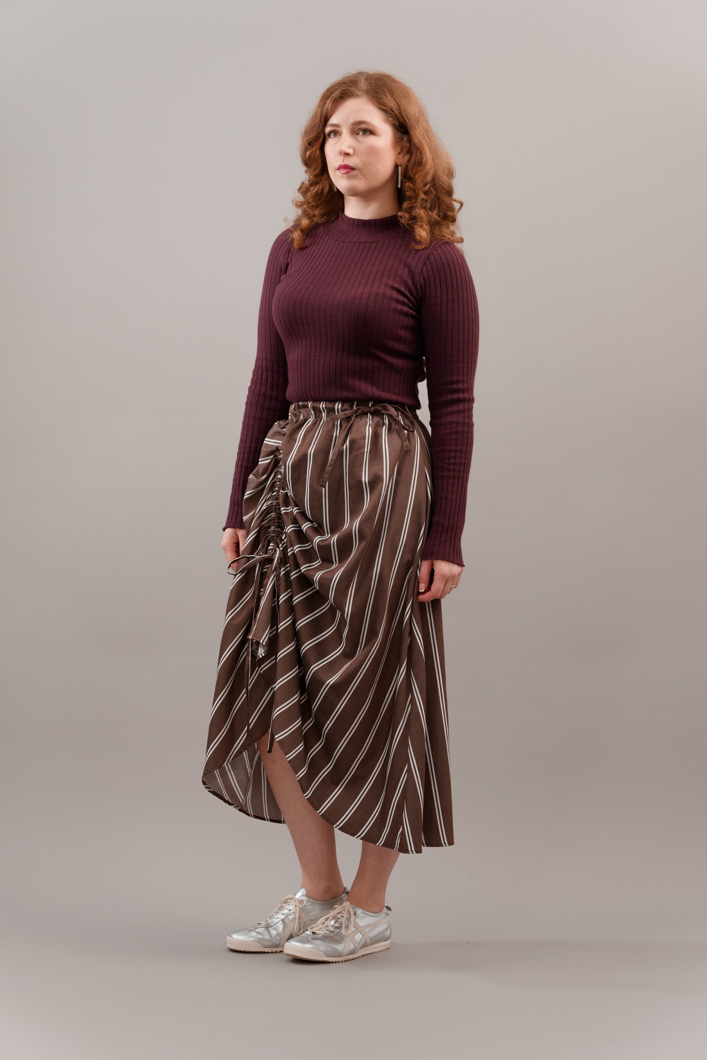 Ruched Skirt in Brown Stripe