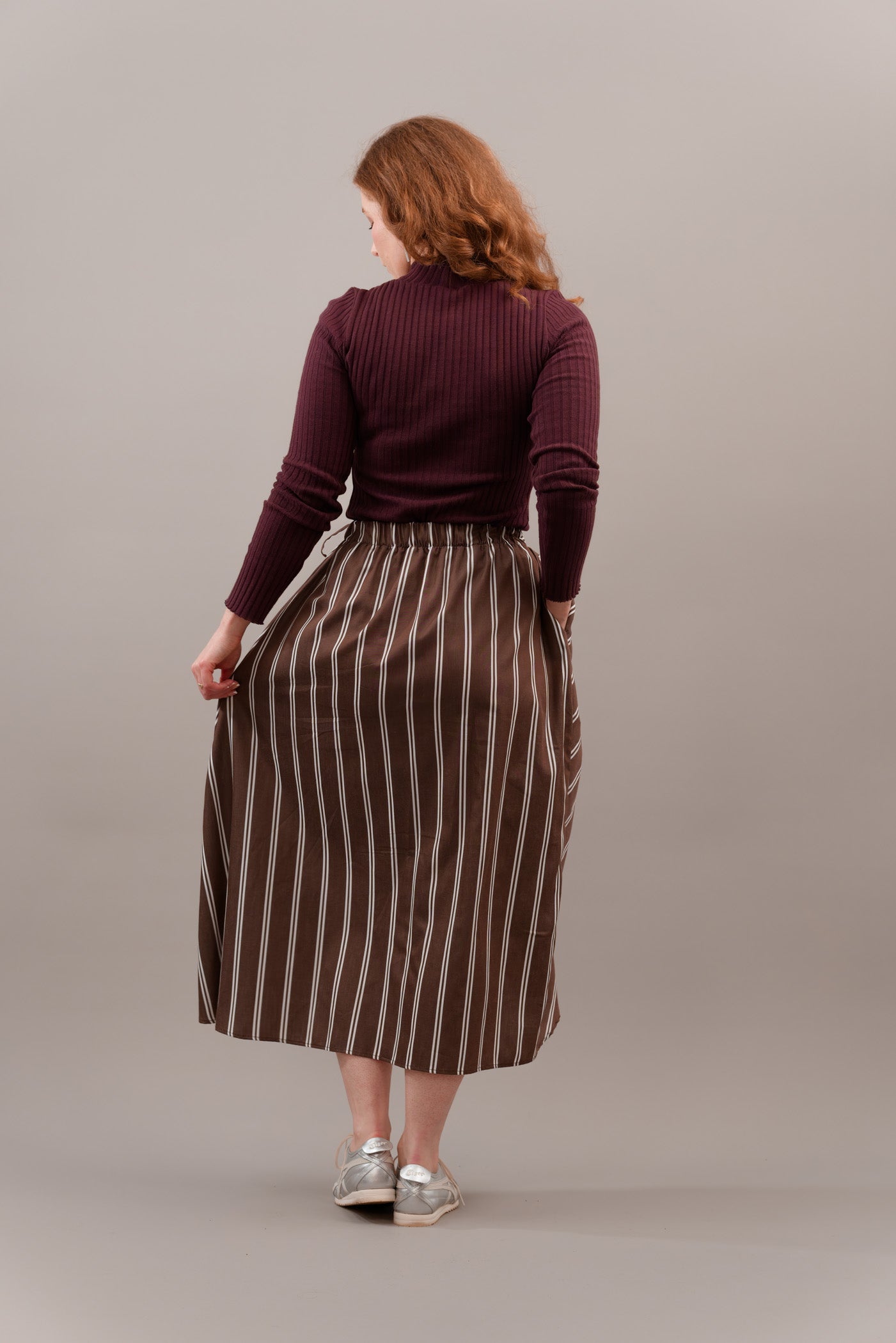 Ruched Skirt in Brown Stripe